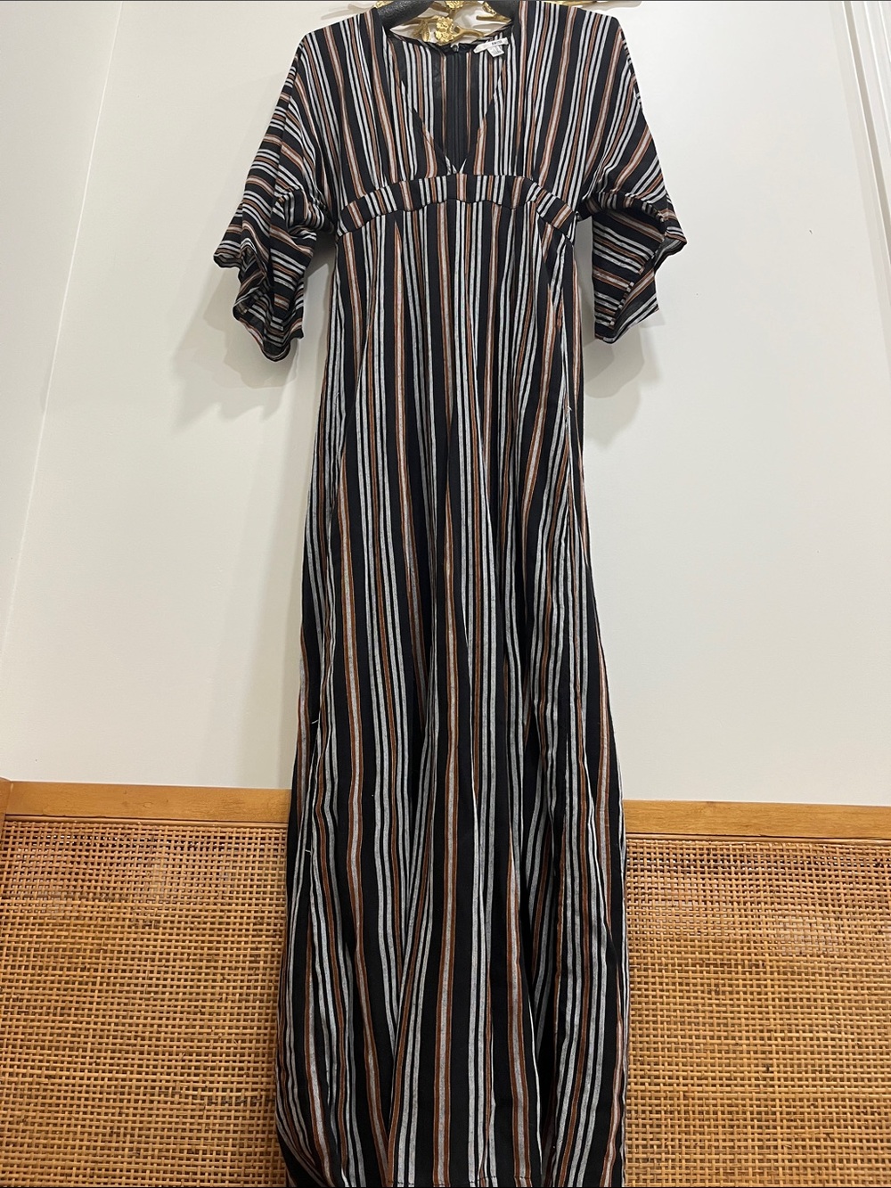 Amuse Society Black Maxi Dress with Brown and White Stripes